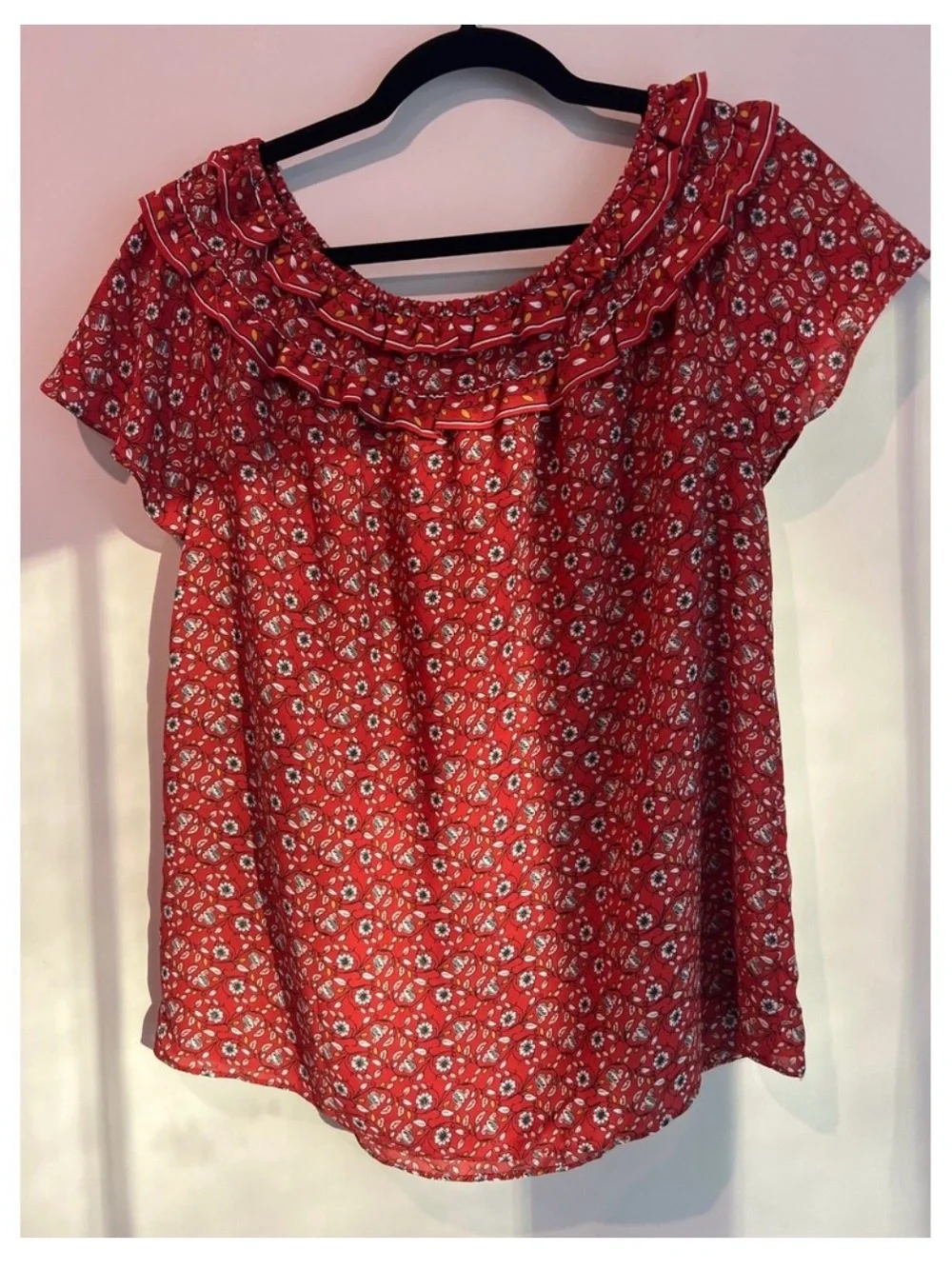 Max Studio Red Floral Ruffle-Yoke Blouse